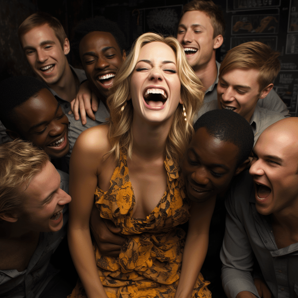 blonde female supermodel surrounded by laughing african american men