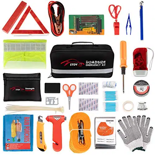 STDY Car Roadside Emergency Kit, Vehicle Truck Safety Road Side Assistance Kits Auto Accessory, with Jumper Cables, First Aid Kit, Tow Rope, Reflective Triangle, Tire Pressure Gauge, etc