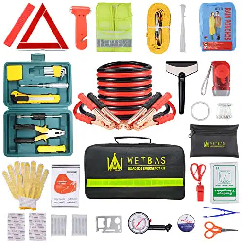 WETBAS Car Roadside Emergency Kit, Auto Vehicle Safety Emergency Road Side Assistance Kits Essentials with Jumper Cables, Tool Kit, Safety Hammer, Reflective Warning Triangle, Tow Rope, etc