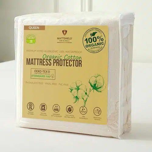 Waterproof Organic Mattress Protector Queen   Organic Cotton Hypoallergenic Breathable Mattress Pad Cover   GSM Comfort   Deep Pocket   Fitted Allergy Shield
