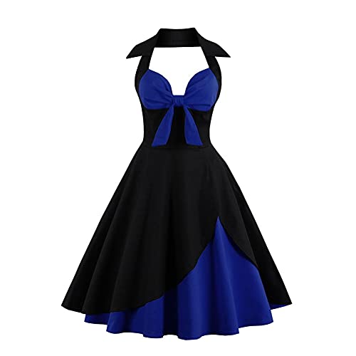 Women s Vintage Sleeveless s Cocktail Party Swing Dress Halter Tie Knot Front Retro Audrey Hepburn Rockabilly Prom Tea Dress Color Block Wedding Formal Evening Midi Dress Black +Royal Blue L