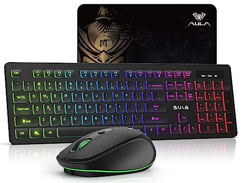 AULA Wireless Keyboard and Mouse Combo, RGB Backlit, Rechargeable & GHz Quiet Wireless Gaming Keyboard Mouse, Full Size Ergonomic Keyboard Mouse & Mousepad Combo for PC, Windows and Mac