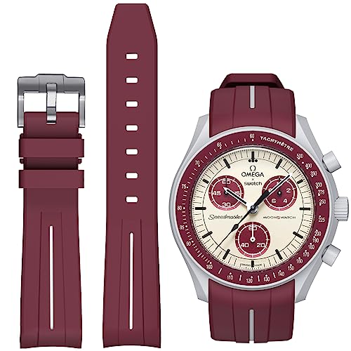 BONACE Bands for Moonswatch Watch,Curved No Gap Rubber Strap Compatible with OmegaxSwatch SpeedmasterRolexSEIKO mm Watch,Swatch Omega Speedmaster Watch Replacement Band, Wine white line, (A)