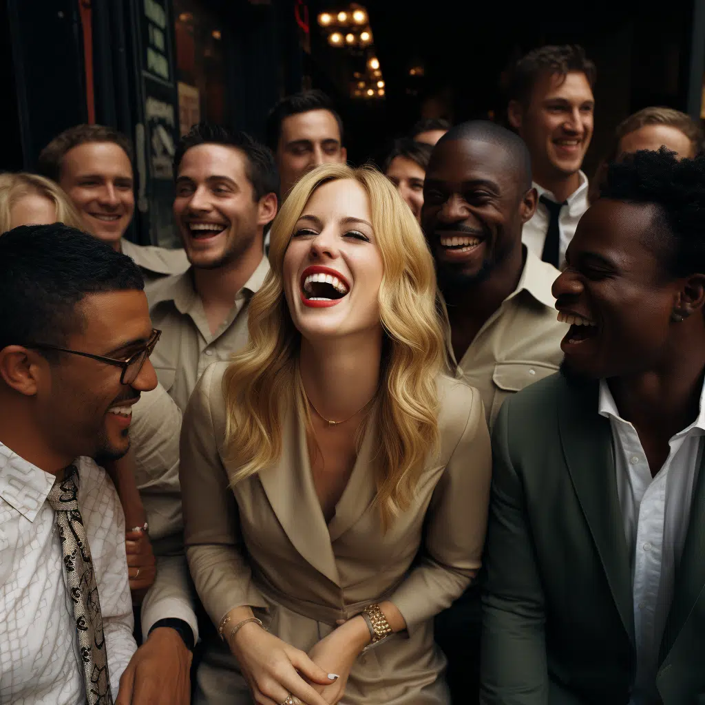 Best blonde female supermodel surrounded by laughing african american men