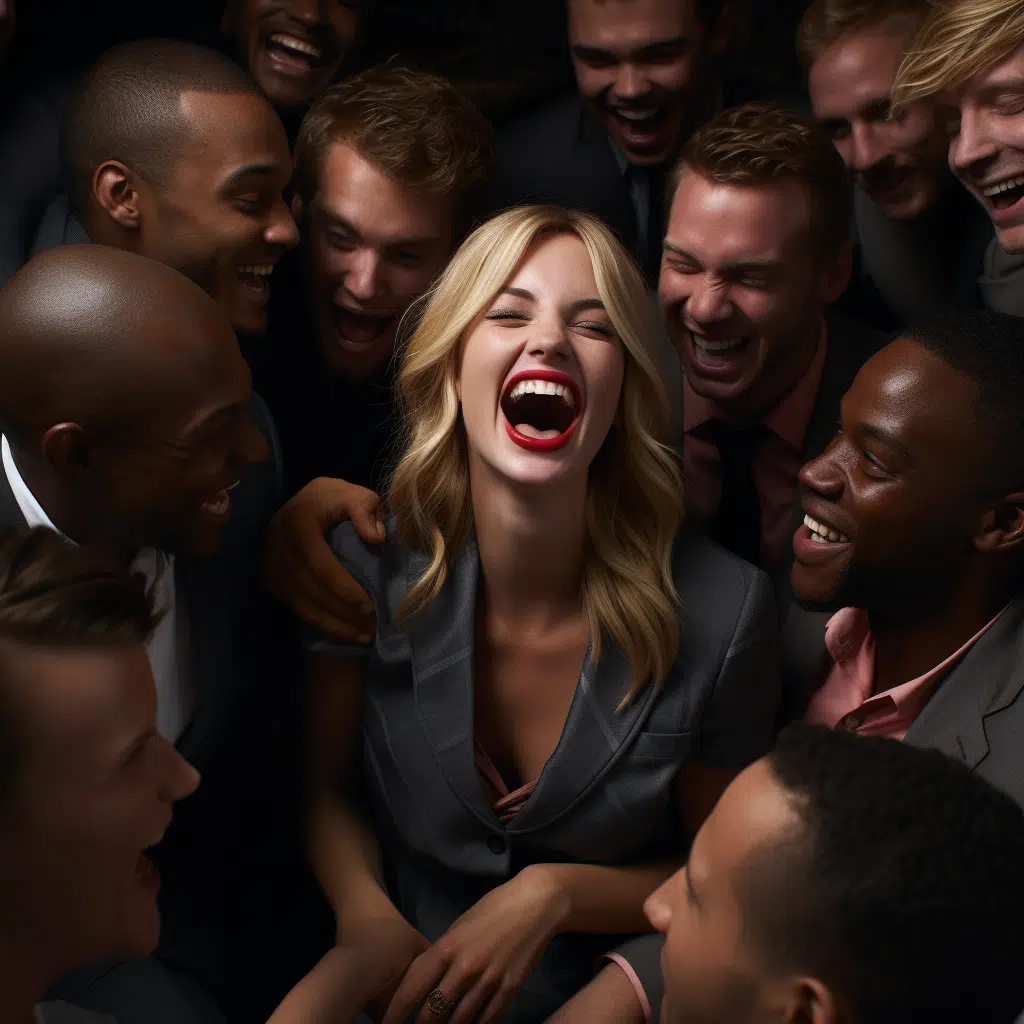 Best blonde female supermodel surrounded by laughing african american mens