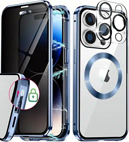 [CD Loop+Safety Lock]Magnetic Case for iPhone Pro Max,[Privacy Screen with Camera Lens][Electroplating Metal Bumper]Double Sided H Glass Compatible with MagSafe Case for iPhone Pro Max