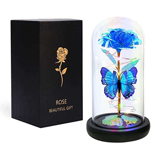 Colorful Galaxy Butterfly Rose Flower Gift for Mother's Day, Glass Butterfly Gift for Women, Blue Flowers with Led Light, Crystal Rose in Glass, Best Thanksgiving, Light Blue