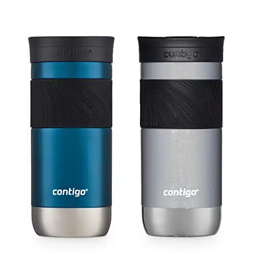 Contigo Byron Vacuum Insulated Stainless Steel Travel Mug with Leak Proof Lid, Reusable Coffee Cup or Water Bottle, BPA Free, Keeps Drinks Hot or Cold for Hours, oz Pack, Blueberry & Gold Morel