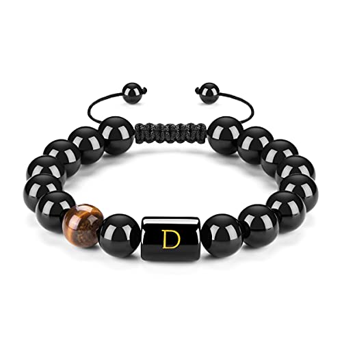 FRG Initials Bracelets for Men Letter Link Handmade Natural Black Onyx Tiger Eye Stone Beads Braided Rope Meaningful Bracelet (obsidian D, obsidian)