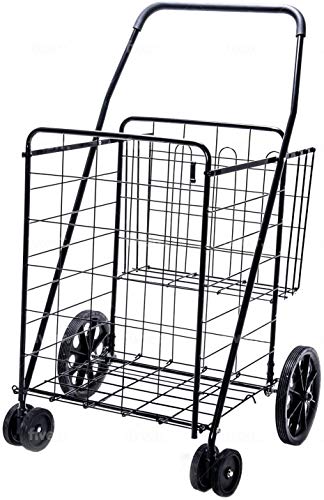 LS Jumbo Deluxe Folding Shopping Cart with Dual Swivel Wheels and Double Basket  lb Capacity