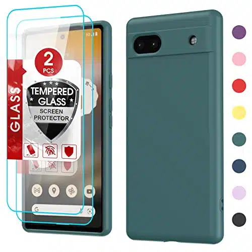 LeYi for Google Pixel A Phone Case [Release] with Pack Tempered Glass Screen Protectors, Soft Liquid Silicone with Microfiber Liner Cover Case, Green