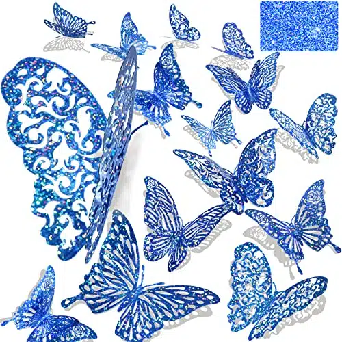 Pcs D Iridescent Bule Sequined Butterfly Wall Decals, Butterfly Stickers with Styles, Butterfly Decorations for Cake Toppers Baby Shower Decorations Bedroom Decorations (Sequined Blue)