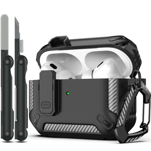 RFUNGUANGO AirPods Pro nd Generation Case Cover with Cleaner Kit, Military Hard Shell Protective Armor with Lock for AirPod Gen Charging Case ,, Front LED Visible,Black