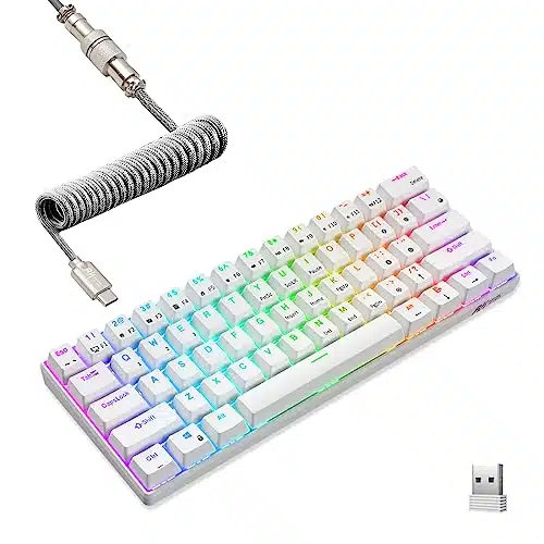 RK ROYAL KLUDGE RK% Mechanical Keyboard with Coiled Cable, GhzBluetoothWired, Wireless Bluetooth Mini Keyboard Keys, RGB Hot Swappable Red Switch Gaming Keyboard with Software   White