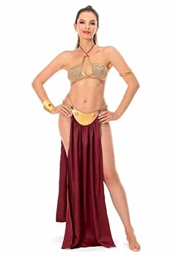 Rodwake Women Princess Leia Slave Costume Cosplay Gold Bikini Lingerie Bra Halloween Carnival Outfit