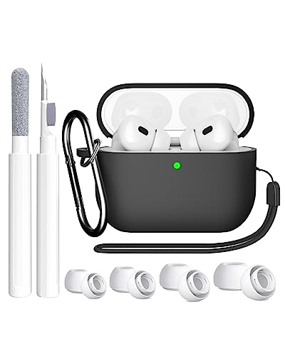 SUPFINE Compatible with AirPods Pro nd Generation Case, Soft Silicone Shock Absorbing Protective AirPod Pro Case () with Cleaner kit& Replacement EarTips, Front LED Visible Black