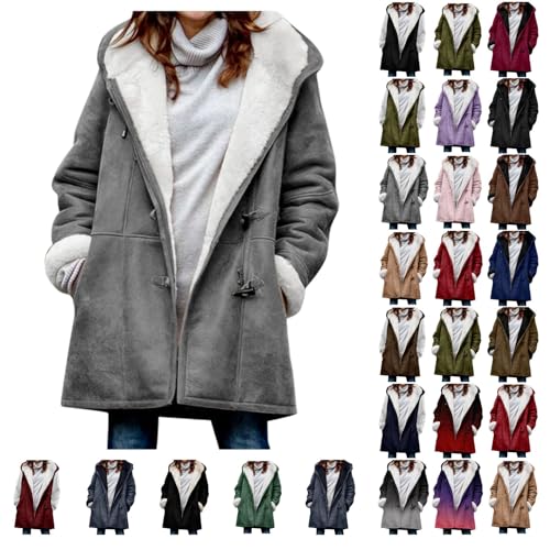 Sblioda Black Deal Friday Sales On Amazon Cyber Sales Monday Clearance deal Suede Fleece Lined Jacket with Hood for Women Winter Sherpa Lined Jackets Horn Buttons Thicken Coat Fall Warm Outwear