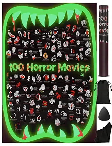 Top Horror Movies Scratch off Poster   Glow in The Dark Horror Poster, xEasy to Frame Large Scratchable Checklist Poster, Horror Films of all Time Bucket List, Gift for Movie Lovers
