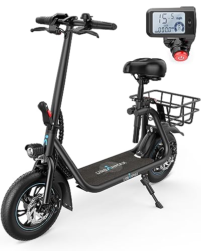 URBANMAX CElectric Scooter with Seat, Powerful Motor up to iles Range, Foldable Electric Scooter for Adults Max Speed ph, Electric Scooter for Commuting with Basket