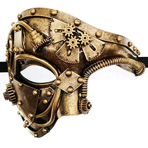 Ubauta Steampunk Metal Cyborg Venetian Mask,Gold Masquerade Mask For Halloween Costume PartyPhantom Of The OperaMardi Gras Ball