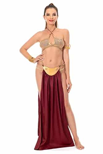 Xikaufo Adult Princess Leia Slave Outfit Bikini Carnival Cosplay Costume Dress Gold Bra Halloween Costume for Women(S)