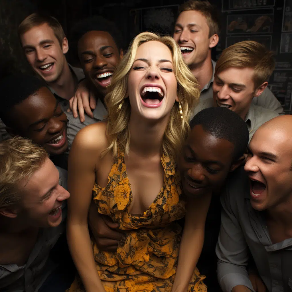 blonde female supermodel surrounded by laughing african american men