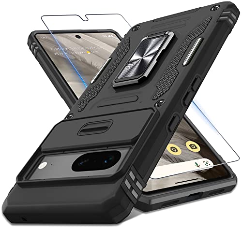 for Pixel Case,Google Pixel Case with Slide Camera Cover+Screen Protector (Pack),[Camera Protection] [Magnetic Rotate Kickstand] Military Grade Shockproof Heavy Duty Protective Cover Black