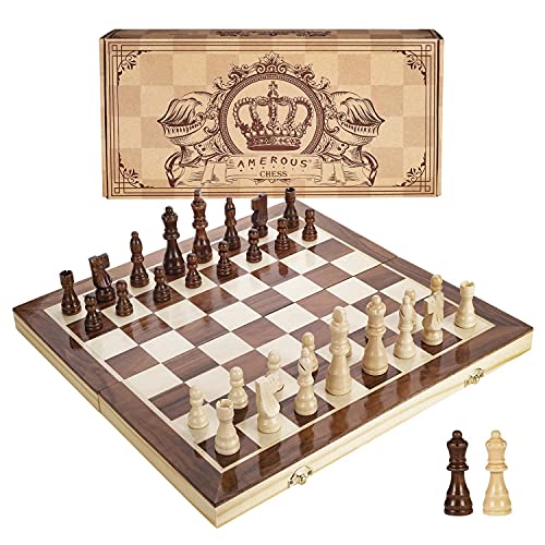 AMERO Inches Magnetic Wooden Chess Set   Extra Queens   Folding Board   Pieces Storage Slots, Handmade Portable Travel Chess Game   Beginner Chess Set for Kids, up Age