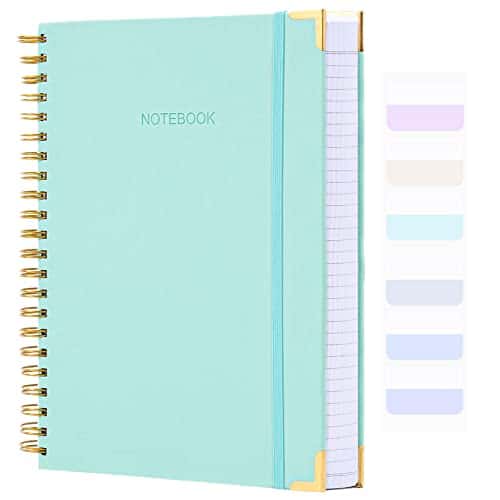 Amanple Spiral Notebook, College Ruled Notebook Journal,  x , Pages Leather Writing Journal for Women Men, AHardcover Notebook for Work School, pcs Index Tabs, Teal