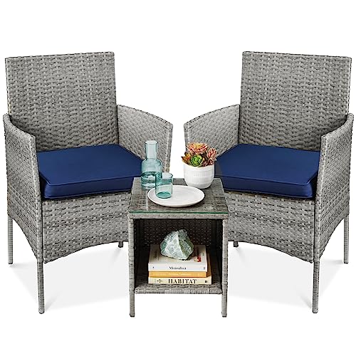 Best Choice Products Piece Outdoor Wicker Conversation Bistro Set, Space Saving Patio Furniture for Yard, Garden w Chairs, Cushions, Side Storage Table GrayNavy
