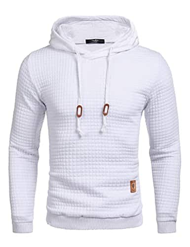 COOFANDY Men's Casual Hoodies Sweatshirt Hipster Gym Long Sleeve Drawstring Plaid Jacquard Pullover Hooded White
