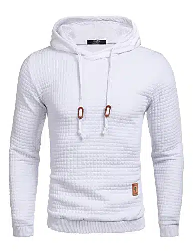 COOFANDY Men's Casual Hoodies Sweatshirt Hipster Gym Long Sleeve Drawstring Plaid Jacquard Pullover Hooded White