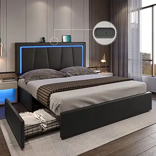 DICTAC Full LED Bed Frame with Drawers and USB Ports Modern Faux Leather Upholstered Platform Bed Frame with Storage and Smart RGB LED Headboard with Side Lights Strip, No Box Spring Needed,Black