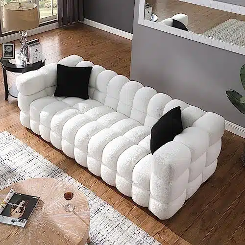 Dolonm Modern Sofa Couch with Plastic Legs Upholstered Tufted Seater Couch with Pillows Decor Furniture for Living Room, Bedroom, Office, Inch Wide (White Teddy)