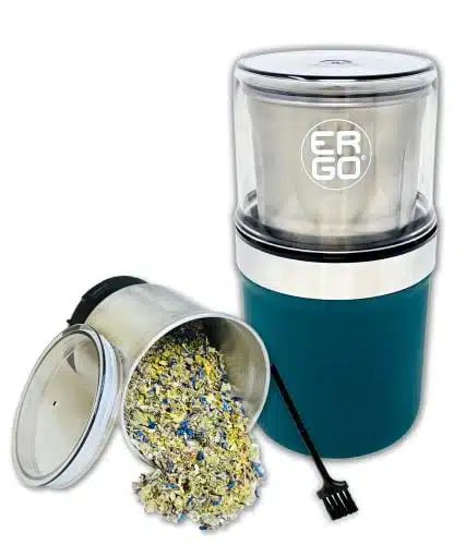 ERGO Herb Grinder   Electric. Large Capacity with Removable (washable) Stainless Cup and Airtight Lid. For Herbs and Spices. Pollen Brush included