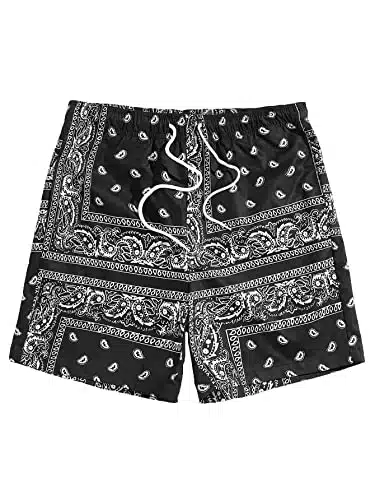 Floerns Men's Boho Tribal Print Drawstring Waist Summer Shorts with Pocket Black White Multi S