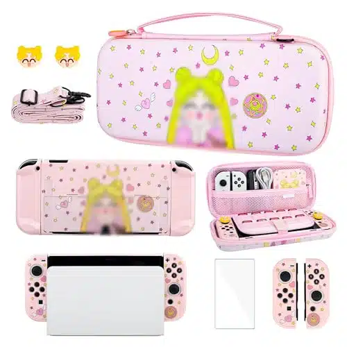 GLDRAM Case for Nintendo Switch OLED, Carrying Case Bundle for Switch OLED Accessories with Pink Anime Travel Case, Hard PC Cover, Thumb Grip Caps, Screen Protector, Shoulder Strap for Girl