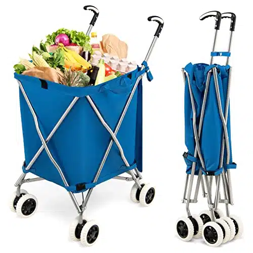 Goplus Folding Shopping Cart with Wheels, Grocery Cart with Removable Oxford Cloth Liner, Lightweight Utility Cart for Groceries Laundry Blue