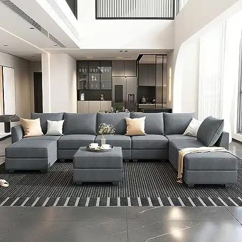 HONBAY Modular Sectional Sofa with Wide Chaise Reversible Sectional Modular Sofa Couch with Ottomans U Shaped Corner Sectional with Storage for Living Room, Office, Spacious Space, Bluish Grey
