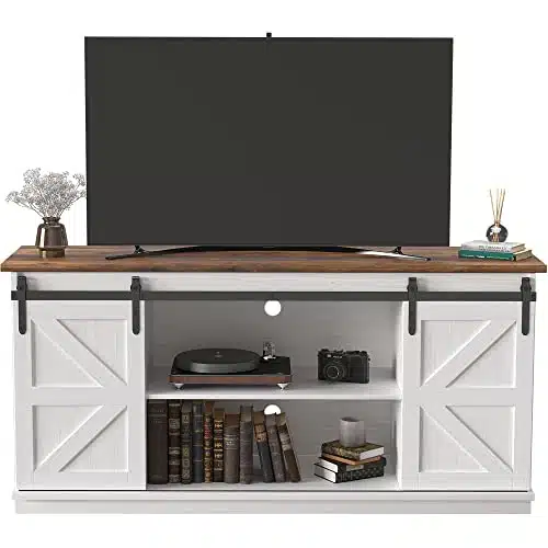 JUMMICO Farmhouse TV Stand up to Inches, Mid Century Modern Entertainment Center with Sliding Barn Doors and Storage Cabinets, Metal Media TV Console Table for Living Room (Bright White)