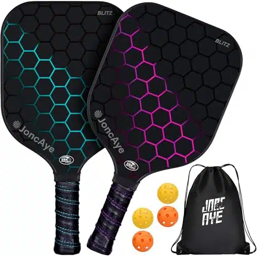 JoncAye Pickle Ball Paddle Set of with Outdoor Indoor Balls, Paddle Bag  USAPA Approved Fiberglass Pickleball Rackets Pack for Kids Adults  Pink Blue for Women Men