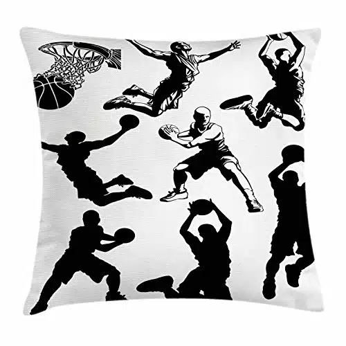 Lunarable Sports Throw Pillow Cushion Cover, Athletic Muscular Men in Various Basketball Positions Competitive Sports Theme, Decorative Square Accent Pillow Case, X , Black White