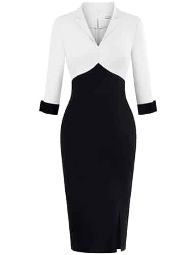 MUXXN Women's Vintage V Neck Pencil Dress Midi Sleeve Vintage Cocktail Church Patchwork Wiggle Dresses Off White Black M