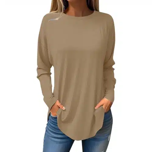 Macys.com,Black of Friday Sales Today,Oversized Long Sleeve Shirts for Women Womens Blouses Dressy Casual Fall Hippie Tshirts Shirts Long Tunic (Khaki C, S)