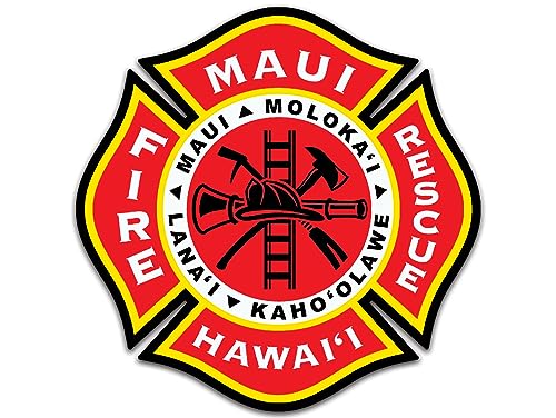 Maltese Shaped Maui Fire Rescue Sticker (Firefighter Hawaii Vinyl Decal for car Truck or Engine (inch)