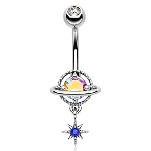 Melighting Belly Button Rings, G Dangle Belly Rings Stainless Steel, Planet Belly Piercing, Spaceship Belly Button Ring for Women, Moon Belly Piercing Jewelry