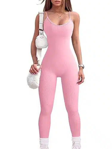 OQQ Women's Ribbed One Piece Adjustable Spaghetti Strips Top Yoga Exercise JumpSuit Romper, Pink, Large