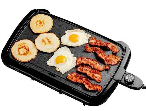 OVENTE Electric Griddle with x Inch Flat Non Stick Cooking Surface, Adjustable Thermostat, Essential Indoor Grill for Instant Breakfast Pancakes Burgers Eggs, Black GDB
