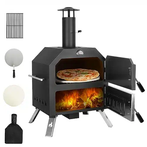  Outdoor Pizza Oven Wood Fired Pizza Oven Portable Patio Ovens Included Pizza Stone, Pizza Peel, Fold up Legs, Cover Cooking Rack for Camping Backyard BBQ