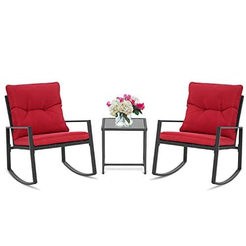 SUNCROWN Piece Outdoor Rocking Bistro Set Black Wicker Furniture Porch Chairs Conversation Sets with Glass Coffee Table, Red